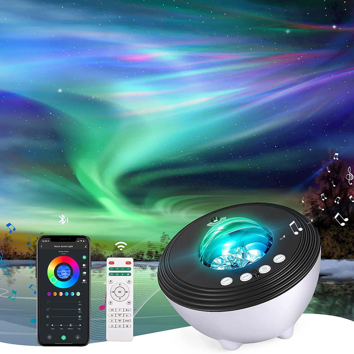 Proyector de luz de galaxia: proyector Aurora proyector de estrellas con  control remoto, temporizador y altavoz Bluetooth, proyector de luz nocturna